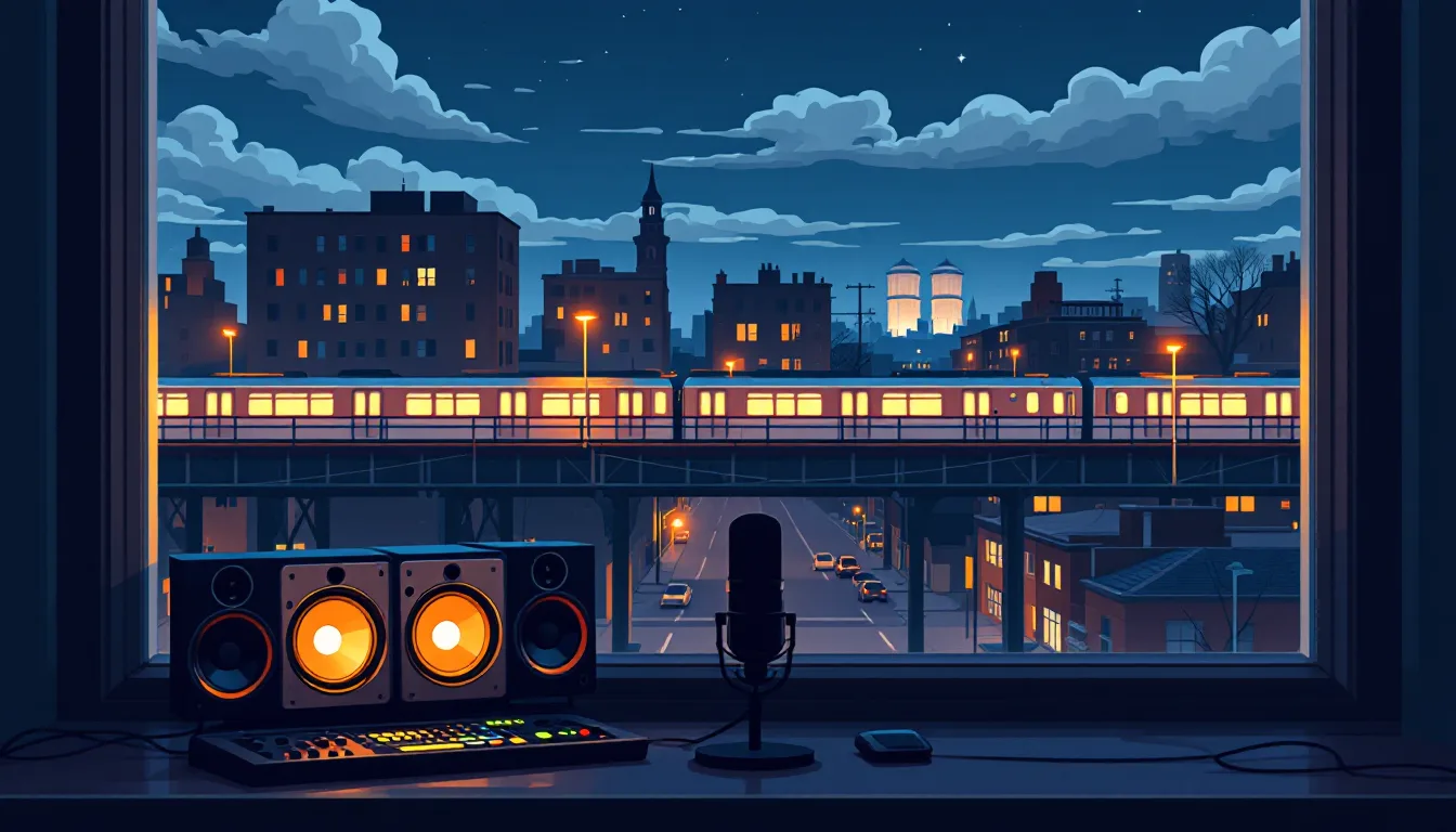 Illustration of the elevated subway line on White Plains Road at dusk, seen past studio monitors through a window