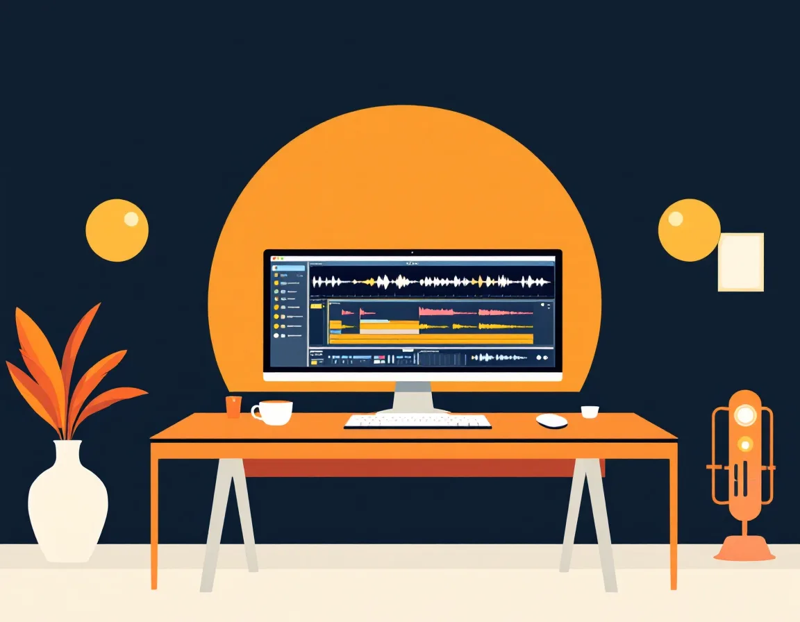 Flat illustration of an audio editing desk with a multitrack timeline on screen