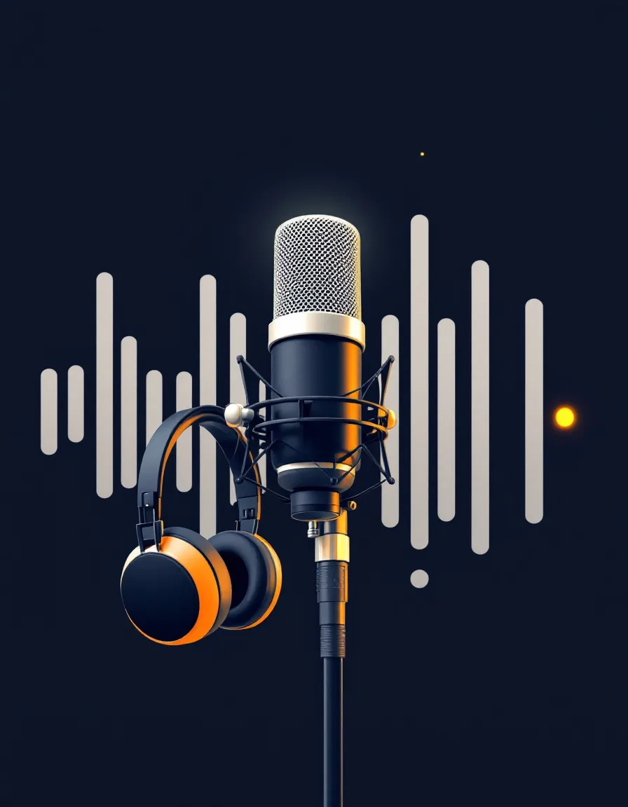 Flat illustration of a podcast microphone on a boom arm before a gold waveform and loudness meter
