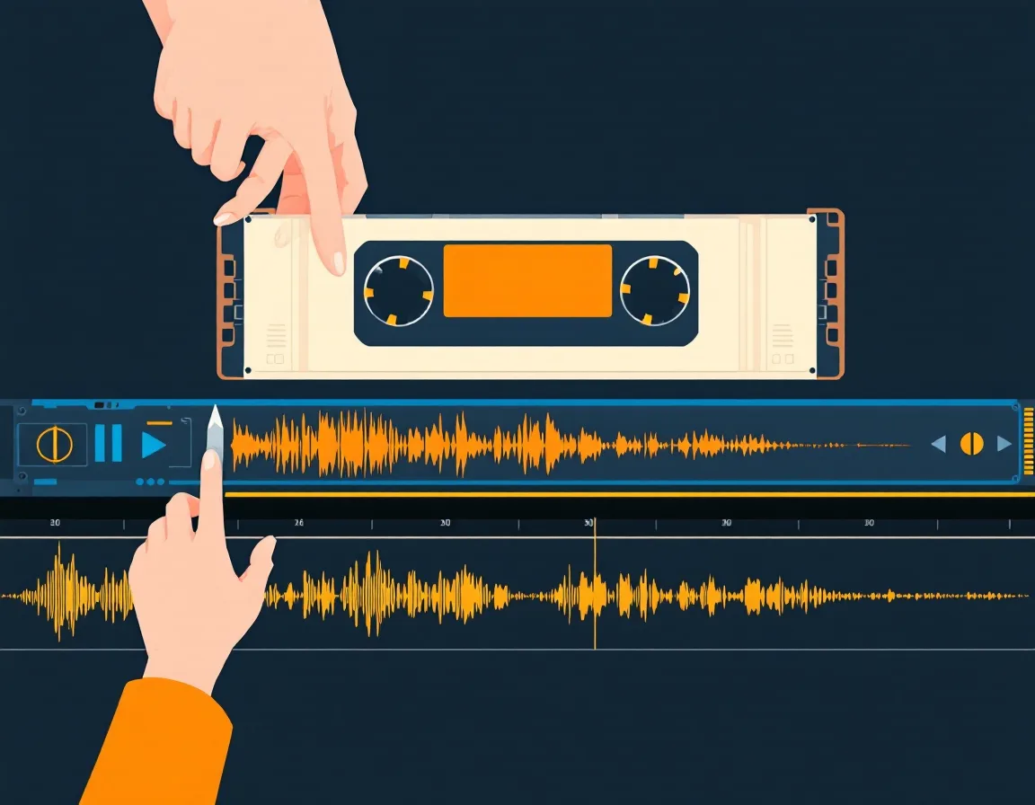 Flat illustration of a razor blade cutting tape that turns into a digital waveform