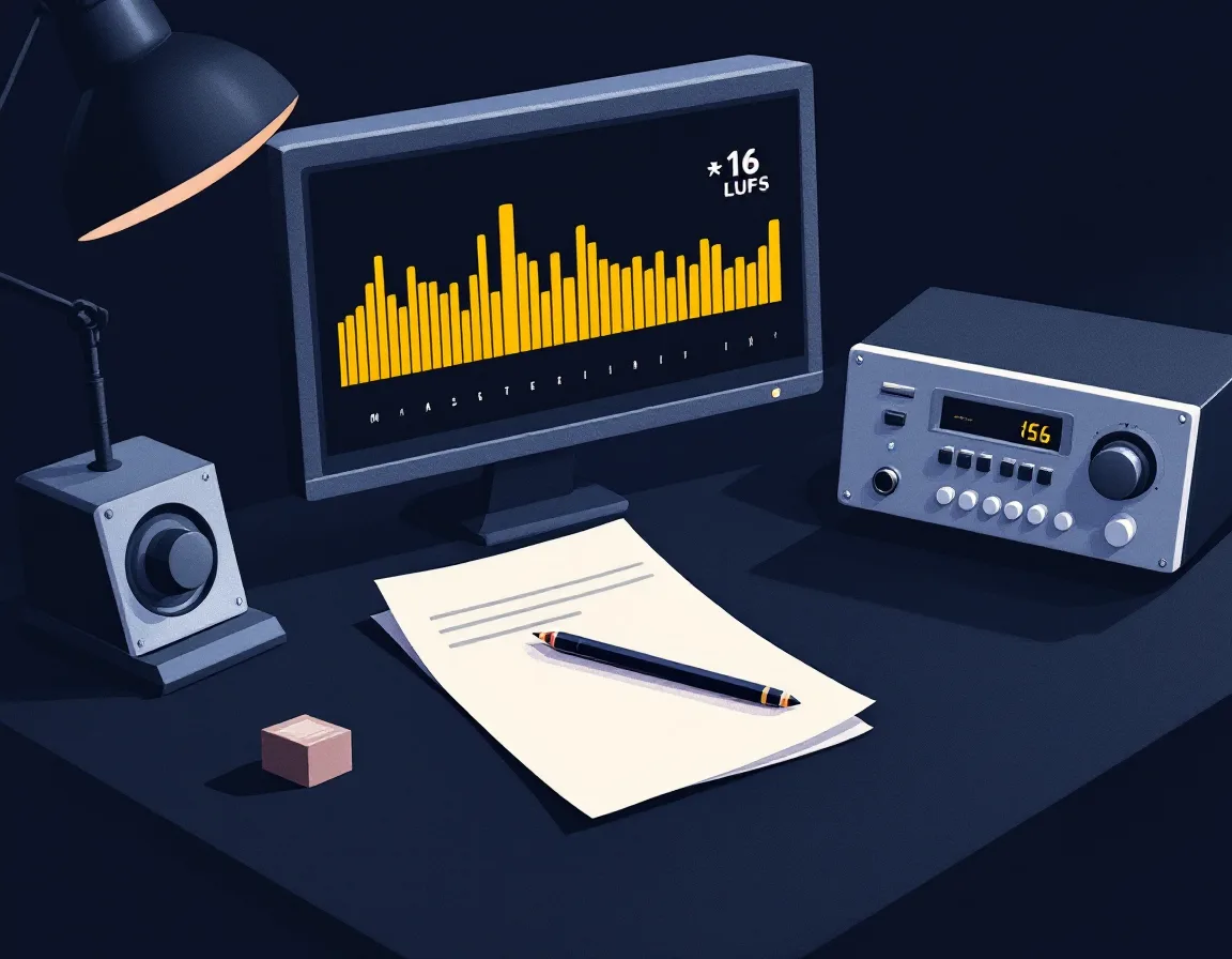 Flat illustration of a loudness meter on a studio screen beside a printed delivery note and headphones