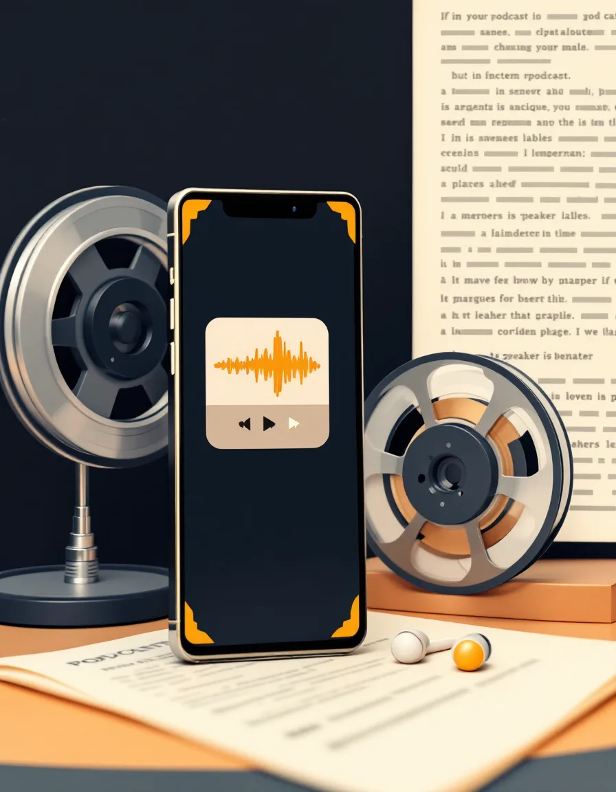 Flat illustration of a phone playing a captioned audiogram clip beside a reel of tape and a printed transcript